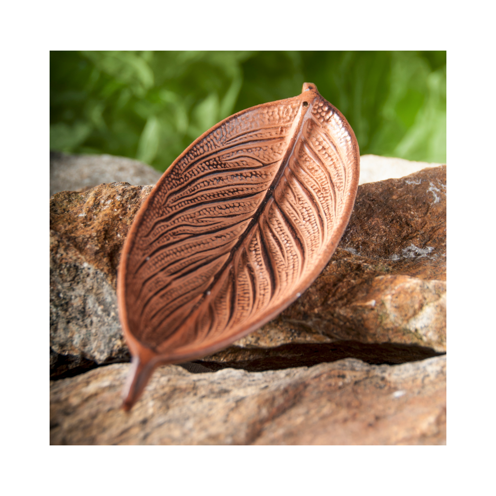 White metal incense holder leaf brown