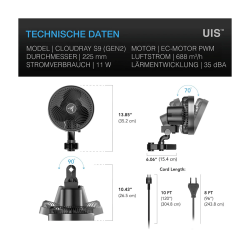 AC Infinity Cloudray S9, GEN 2, Clip-Ventilator 220 mm, EC-Motor, automatische Oszillation