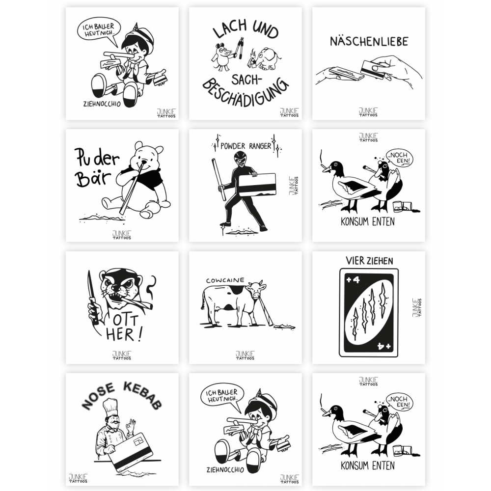 Junkie Tattoos - Lot d'autocollants, 20 autocollants, 10 motifs, 10x10cm